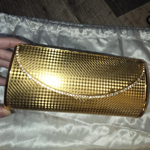 Vintage Mirror Chrystal Gold Elegant Metal Diamond Pattern Clutch Bag